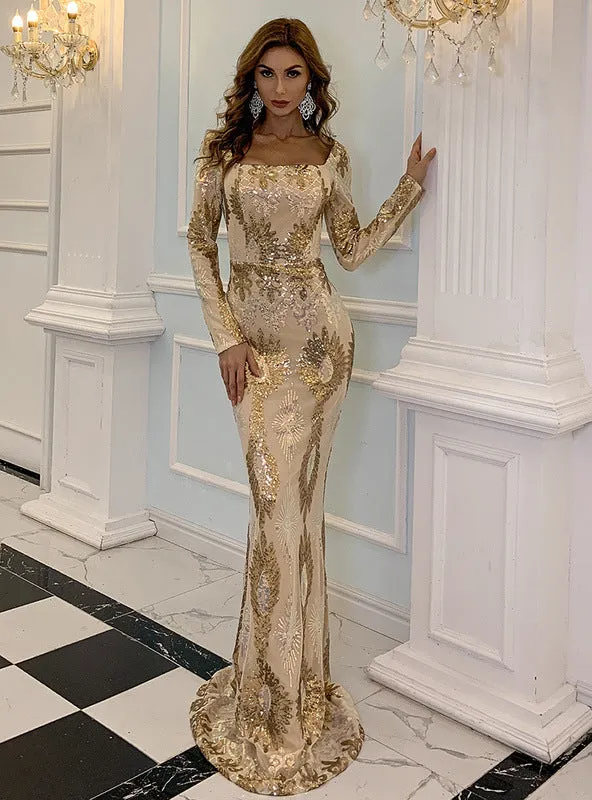 Long Off the Shoulder Sequined Long Sleeve Dress
