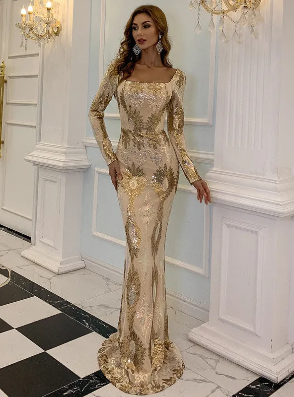 Long Off the Shoulder Sequined Long Sleeve Dress