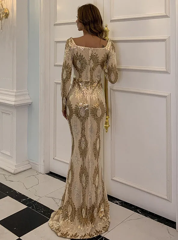 Long Off the Shoulder Sequined Long Sleeve Dress