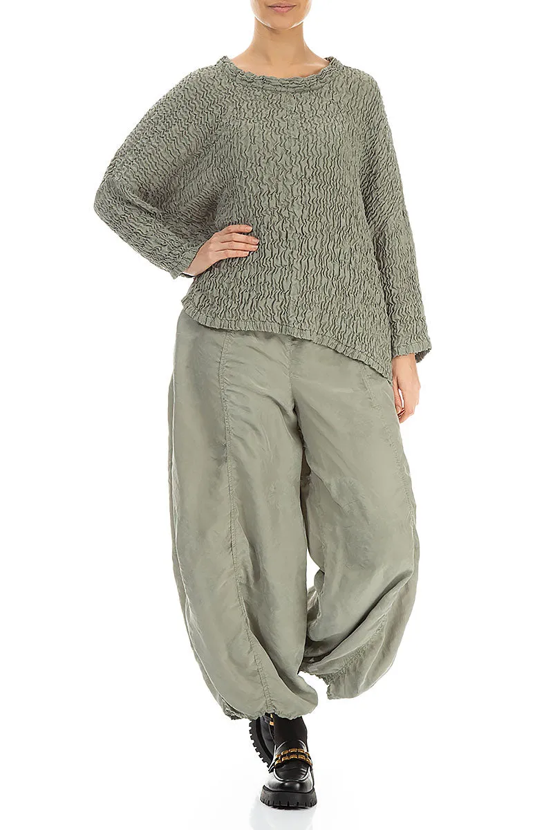 Loose Boxy Forest Mist Crinkled Silk Blouse