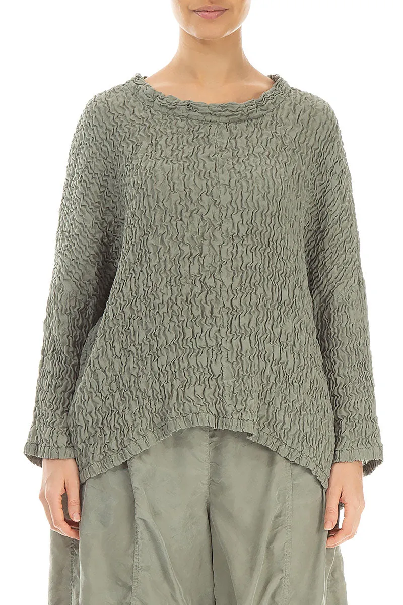 Loose Boxy Forest Mist Crinkled Silk Blouse