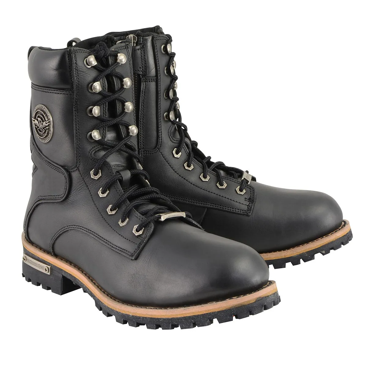 MBM9095 Mens Classic Black Logger Lace-Up Boots with Side Zipper