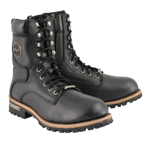 MBM9095 Mens Classic Black Logger Lace-Up Boots with Side Zipper