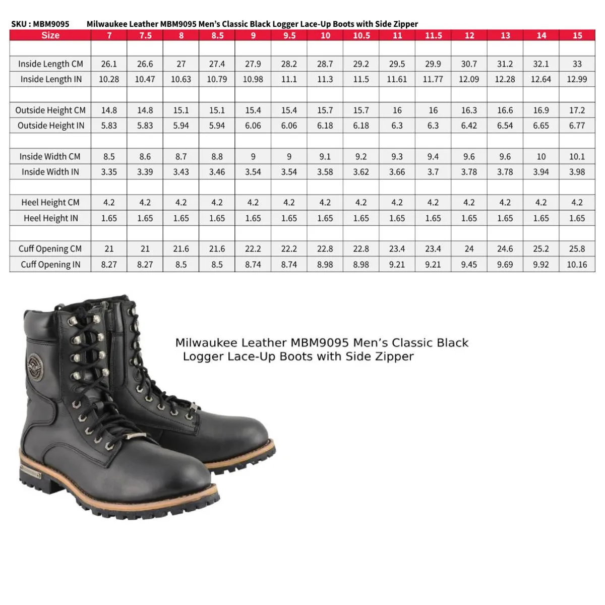 MBM9095 Mens Classic Black Logger Lace-Up Boots with Side Zipper