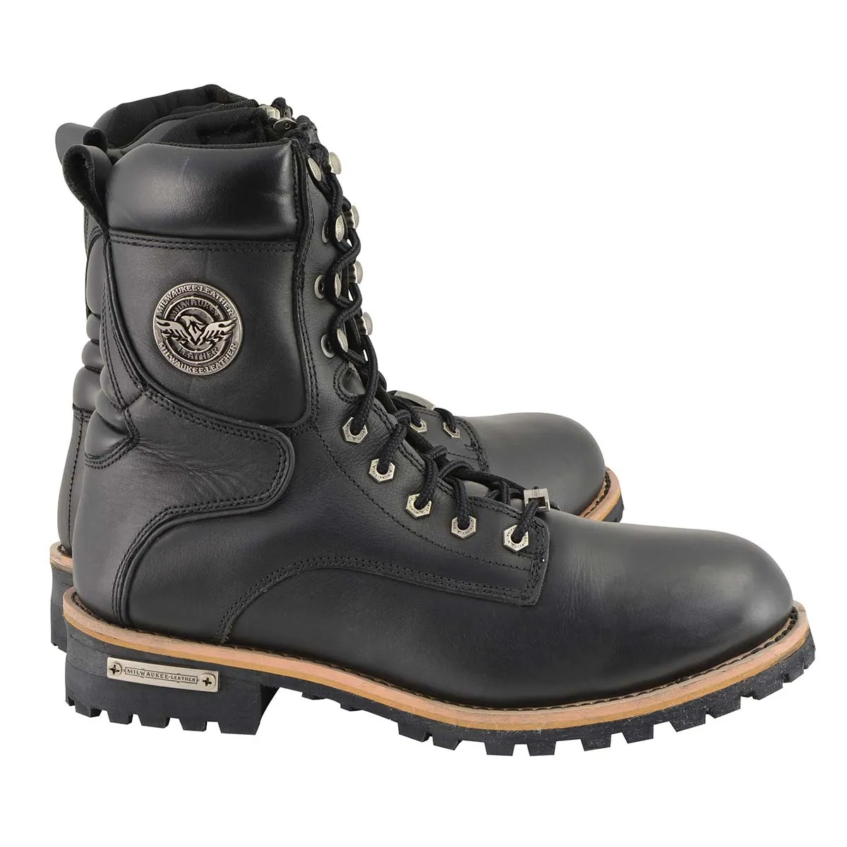 MBM9095 Mens Classic Black Logger Lace-Up Boots with Side Zipper