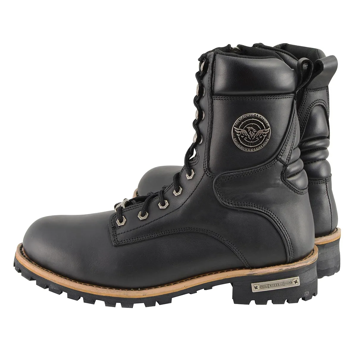 MBM9095 Mens Classic Black Logger Lace-Up Boots with Side Zipper