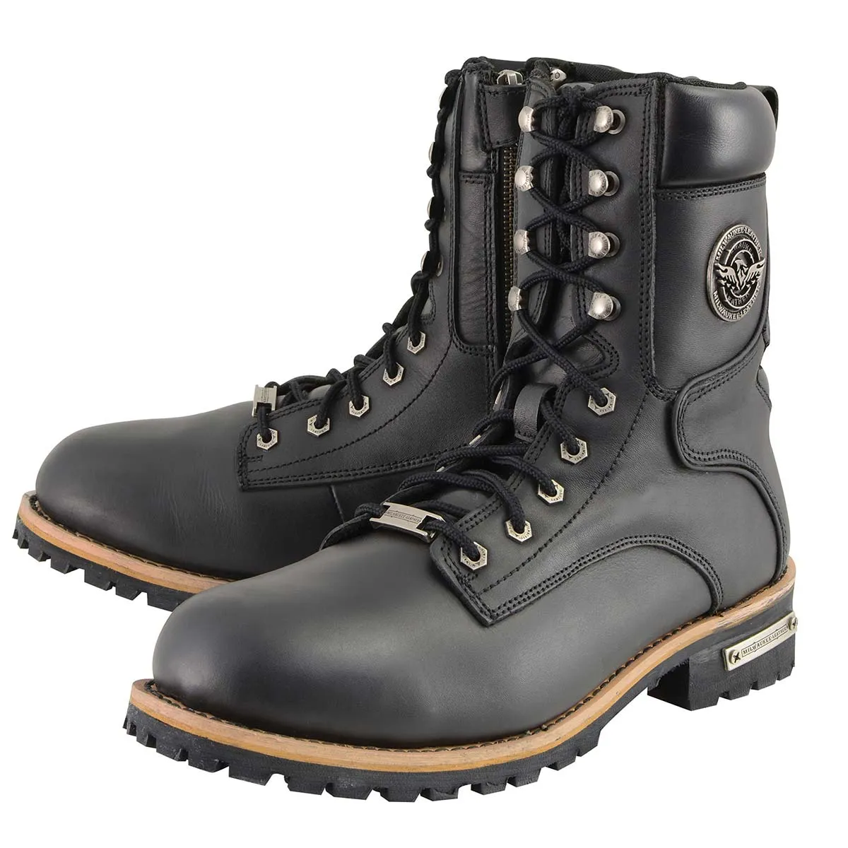 MBM9095 Mens Classic Black Logger Lace-Up Boots with Side Zipper