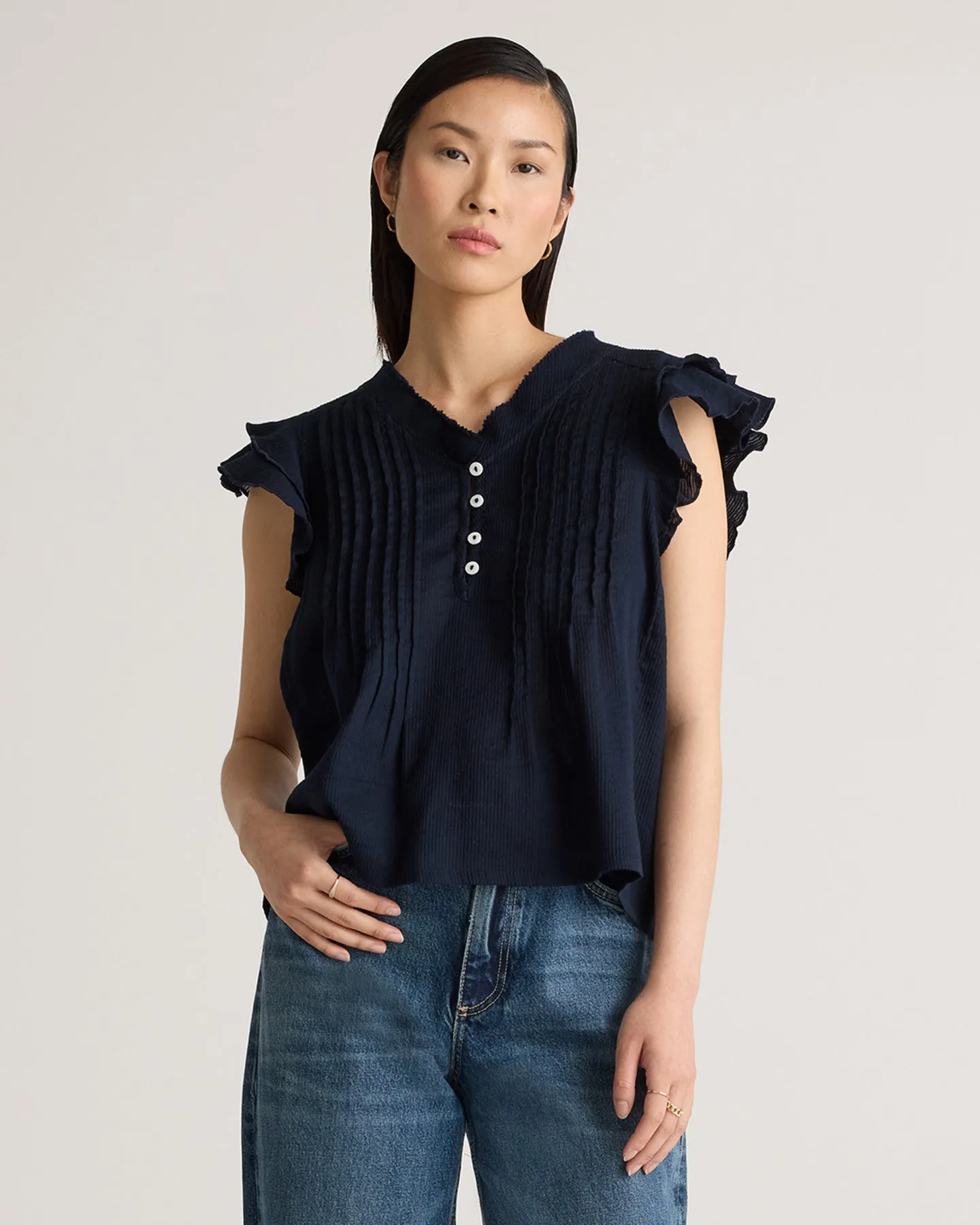 Organic Textured Cotton Ruffle Short Sleeve Blouse