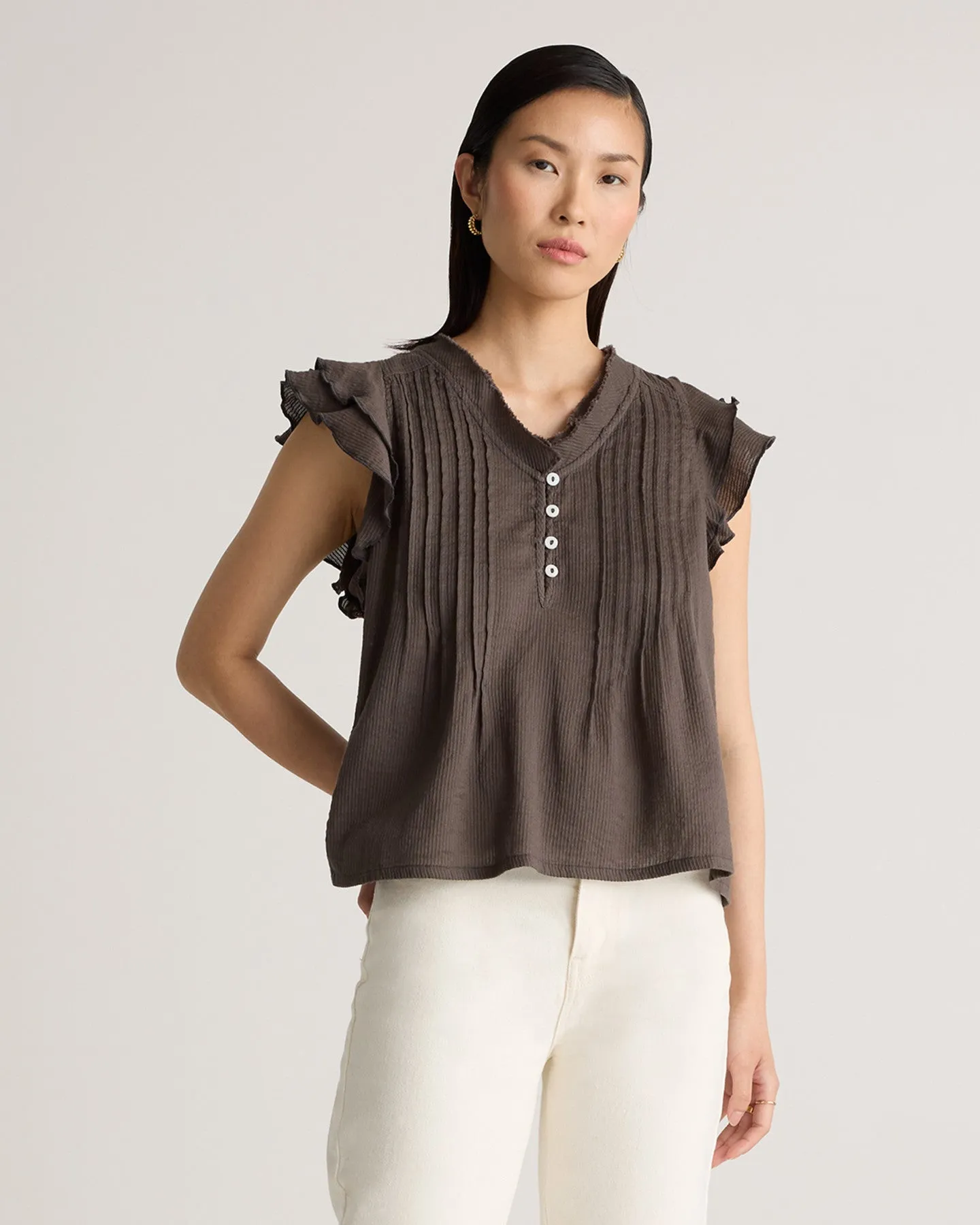 Organic Textured Cotton Ruffle Short Sleeve Blouse