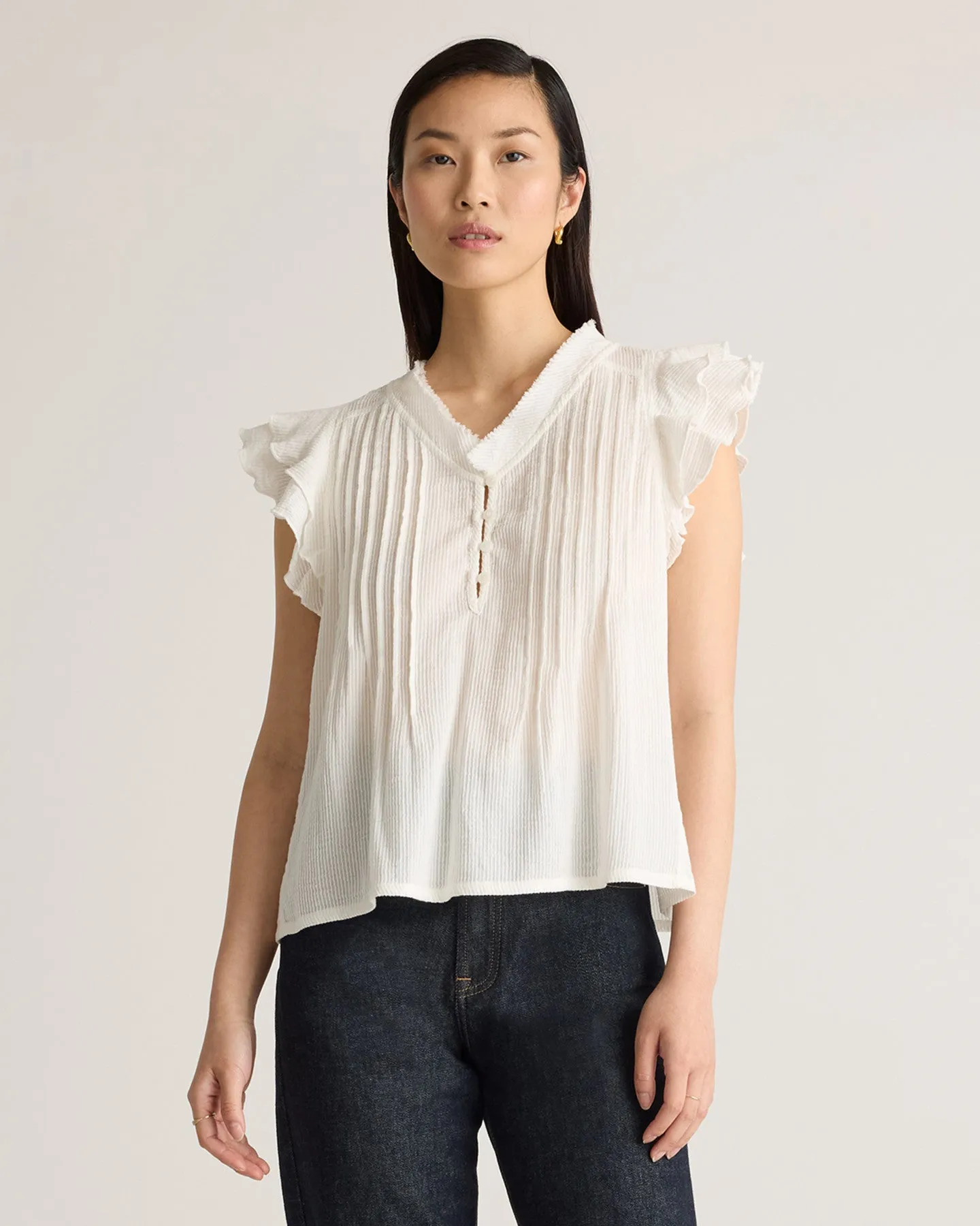 Organic Textured Cotton Ruffle Short Sleeve Blouse