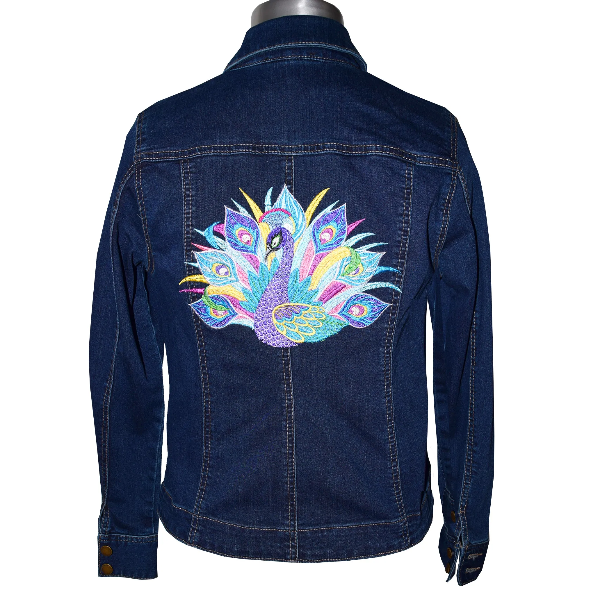 Peacock Embroidered Blue Denim Jacket MED