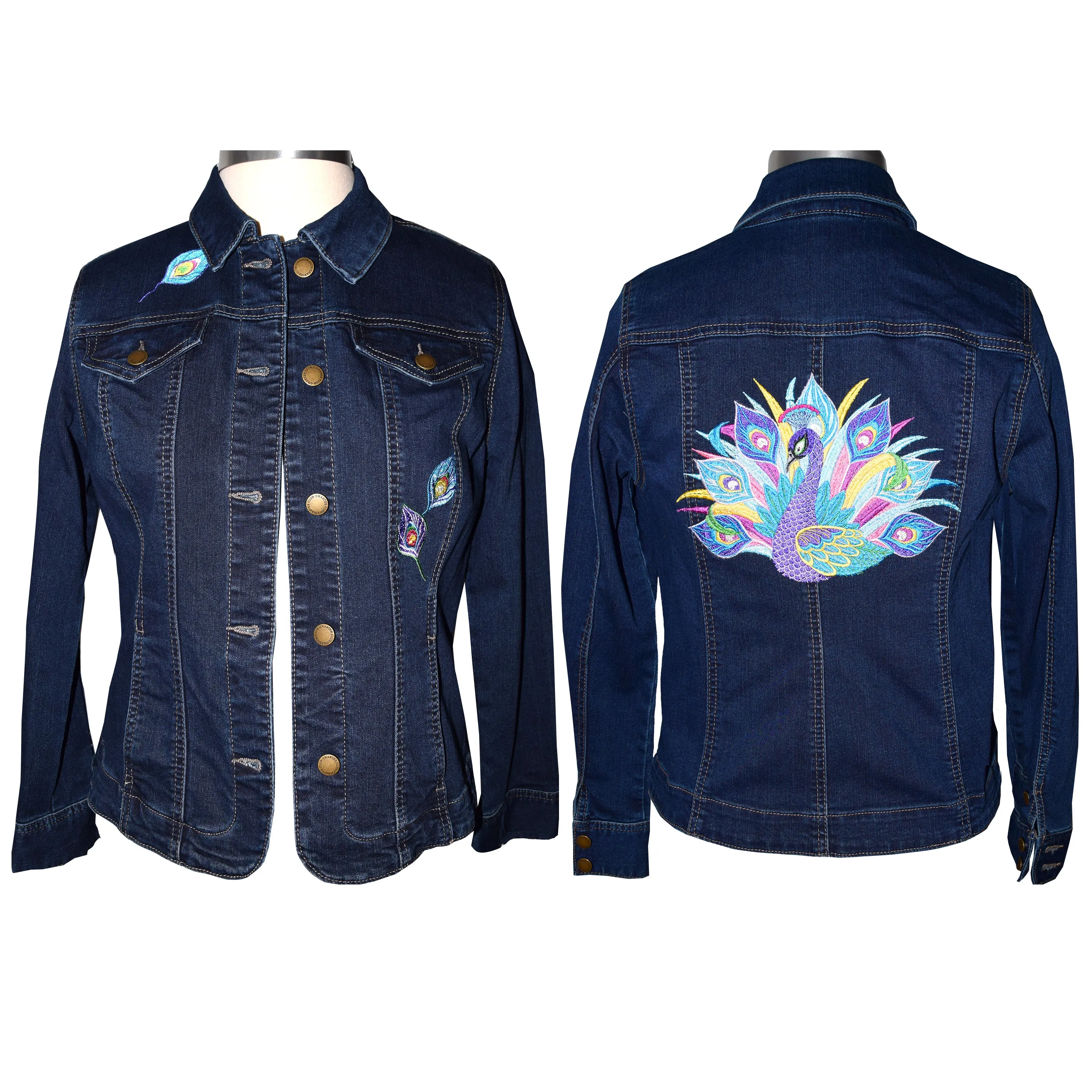Peacock Embroidered Blue Denim Jacket MED