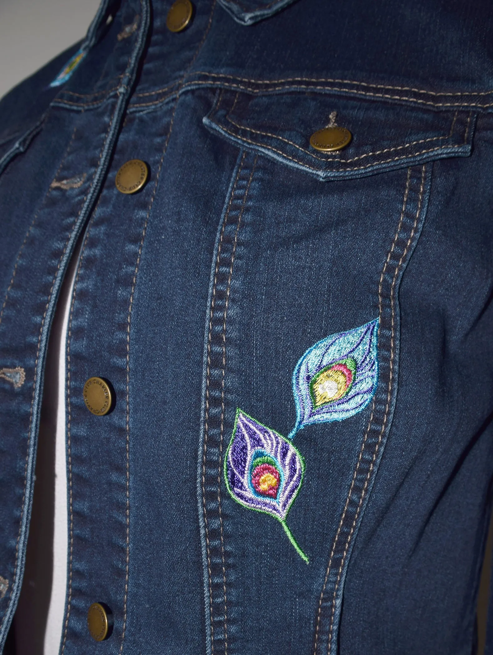 Peacock Embroidered Blue Denim Jacket MED