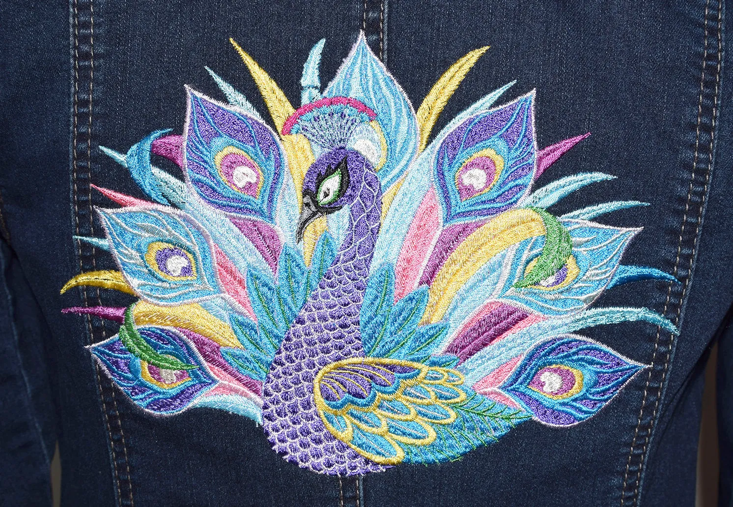Peacock Embroidered Blue Denim Jacket MED