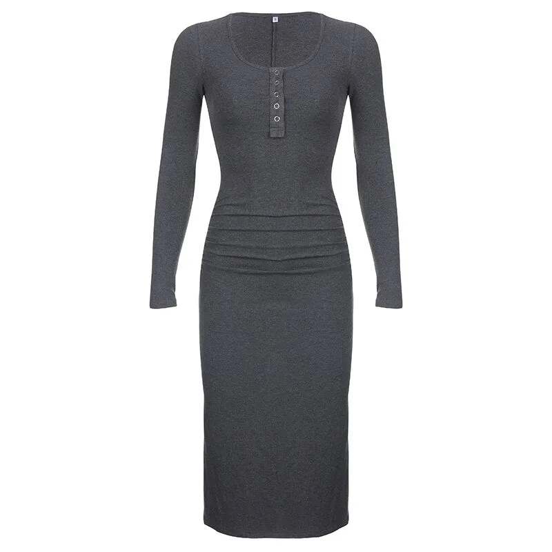 Ribbed Knitted Ruched Folds Long Dress