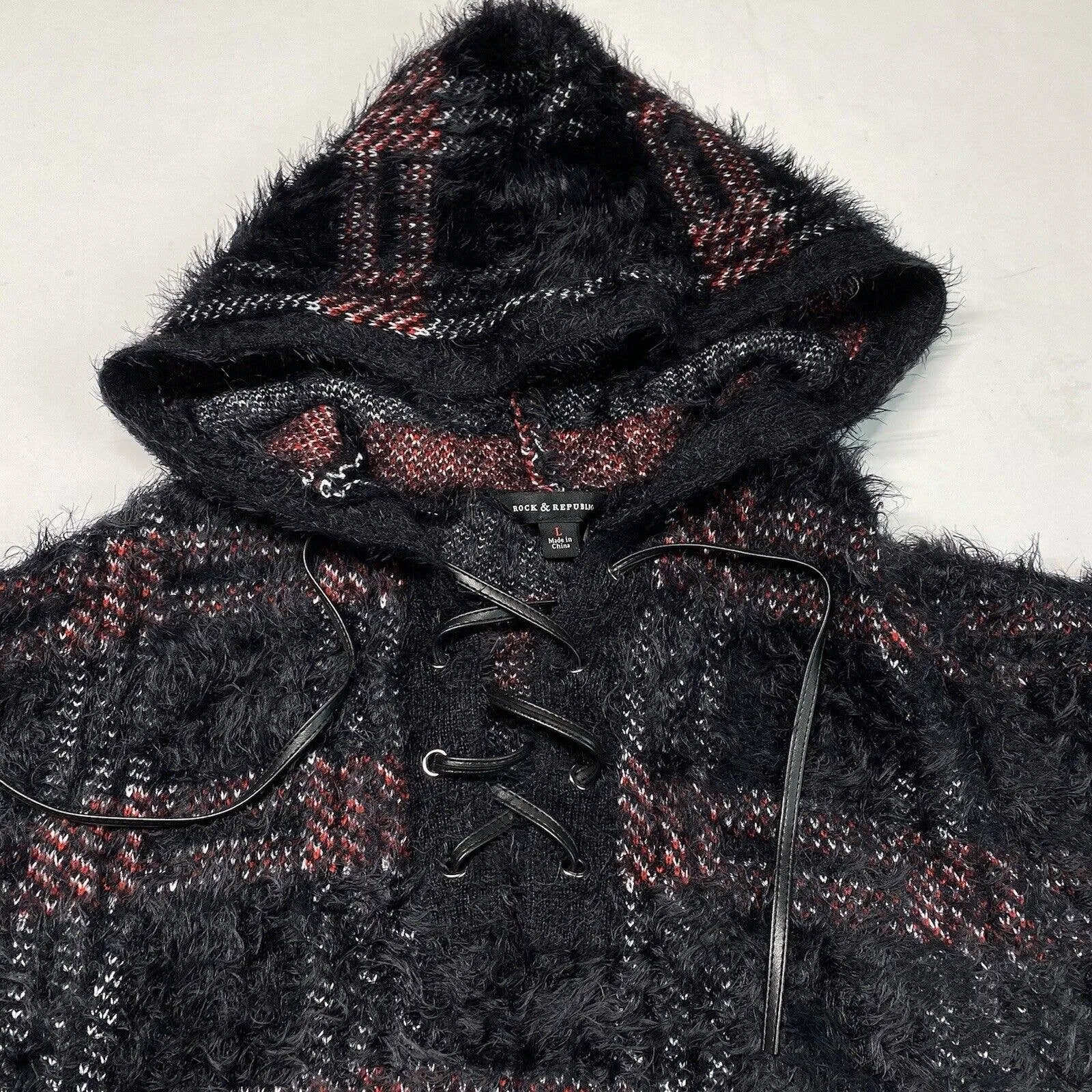 Rock & Republic Furry Hooded Sweater Sz Large Black Plaid Soft Fuzzy Hoodie NEW
