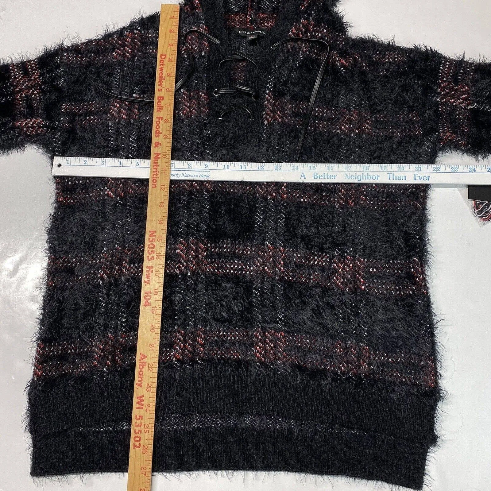 Rock & Republic Furry Hooded Sweater Sz Large Black Plaid Soft Fuzzy Hoodie NEW