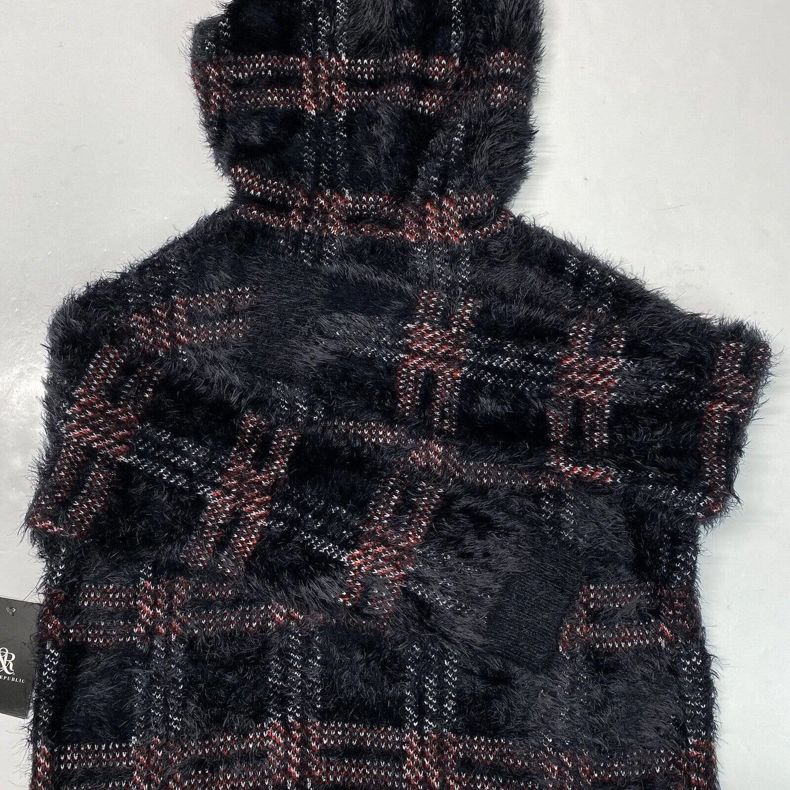 Rock & Republic Furry Hooded Sweater Sz Large Black Plaid Soft Fuzzy Hoodie NEW