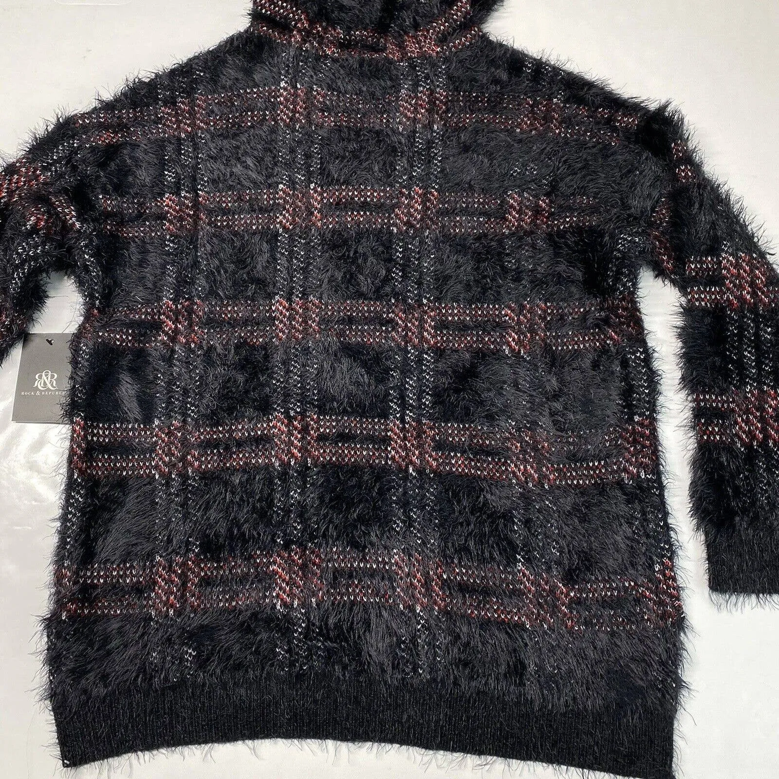 Rock & Republic Furry Hooded Sweater Sz Large Black Plaid Soft Fuzzy Hoodie NEW