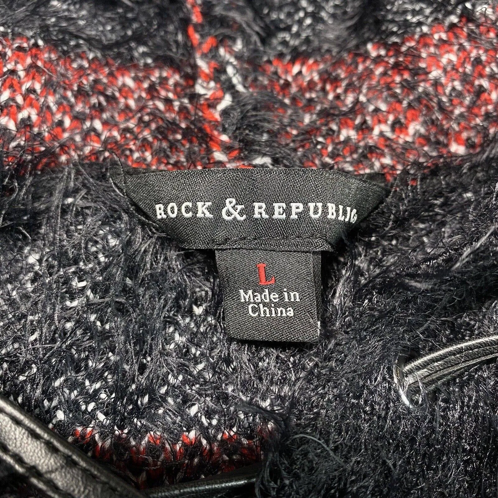 Rock & Republic Furry Hooded Sweater Sz Large Black Plaid Soft Fuzzy Hoodie NEW