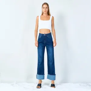 Rolled cuff straight jeans wholesale