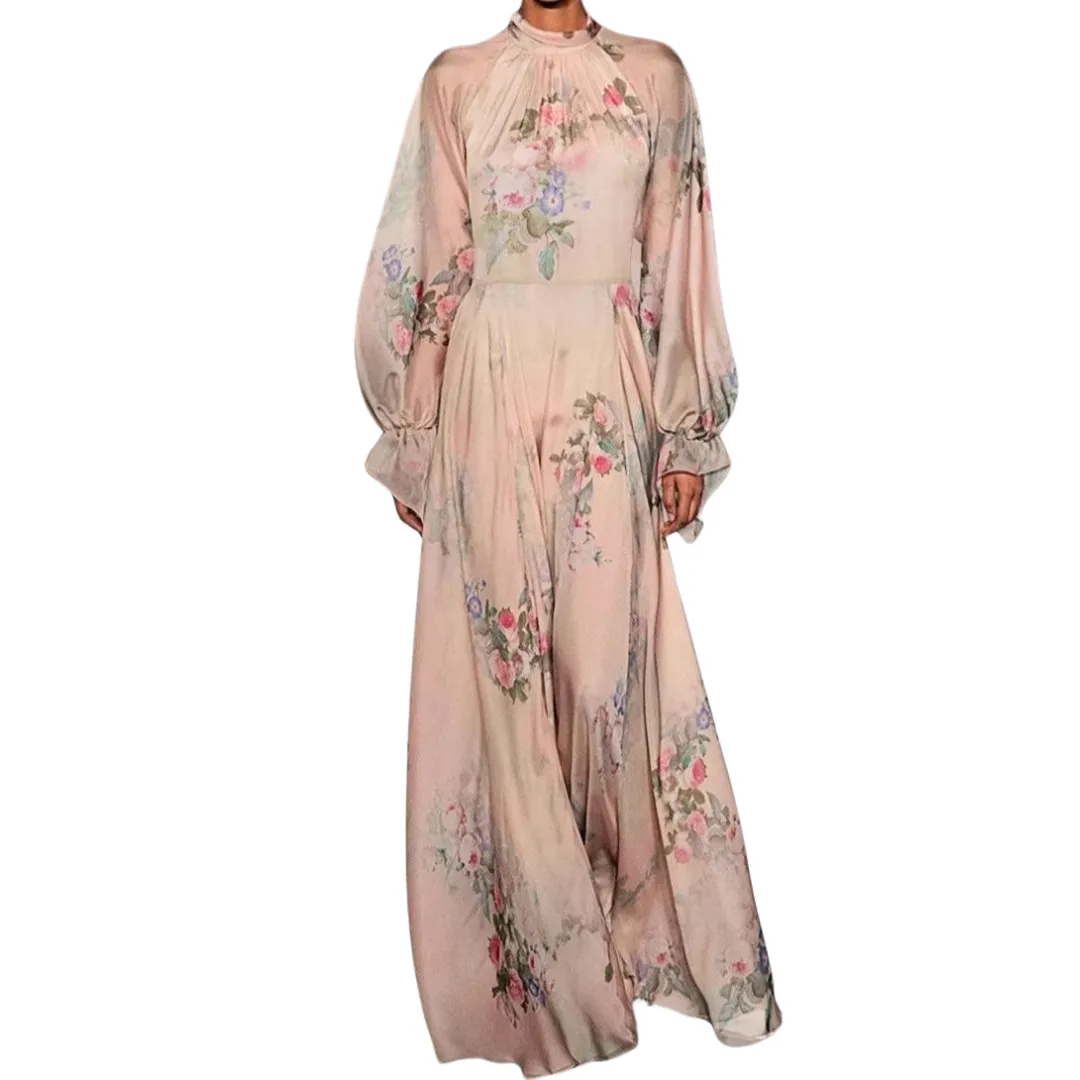 Runway Big Swing A-Line Flare Sleeve High Waist Flower Printed Dress
