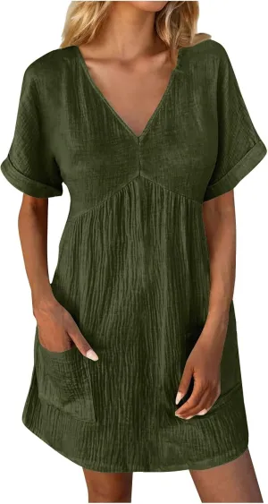 Summer Dresses for Women 2024 Trendy Casual V-Neck Short Sleeve Solid Sundress Loose Comfy Beach Dress with Pockets