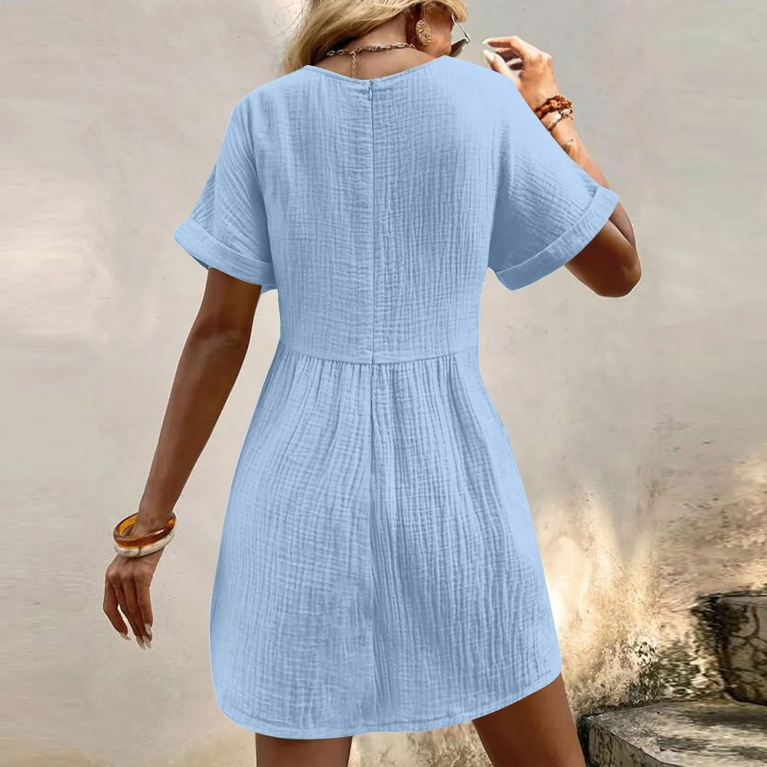 Summer Dresses for Women 2024 Trendy Casual V-Neck Short Sleeve Solid Sundress Loose Comfy Beach Dress with Pockets