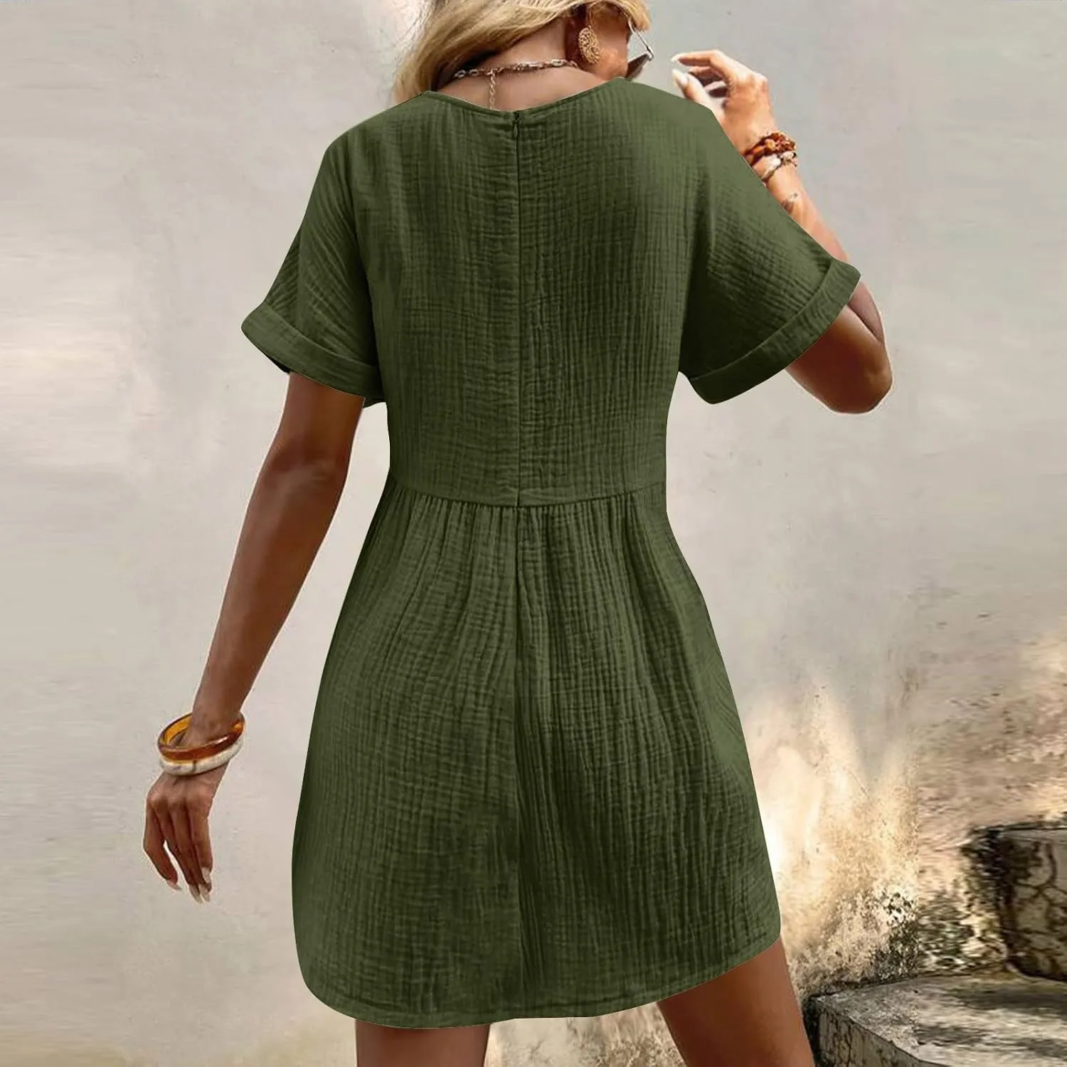 Summer Dresses for Women 2024 Trendy Casual V-Neck Short Sleeve Solid Sundress Loose Comfy Beach Dress with Pockets