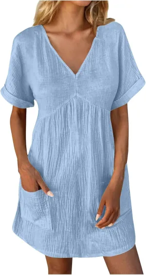 Summer Dresses for Women 2024 Trendy Casual V-Neck Short Sleeve Solid Sundress Loose Comfy Beach Dress with Pockets