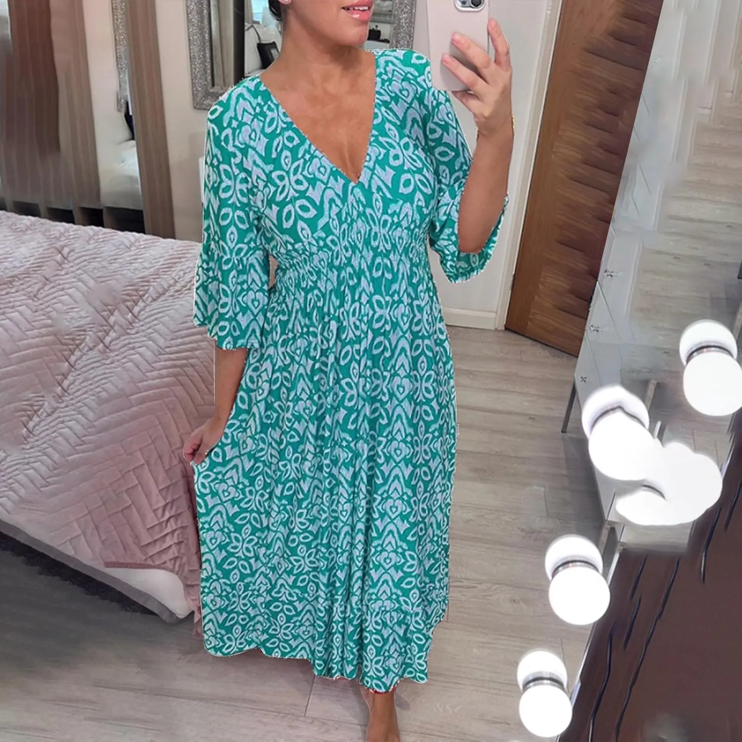 Summer Dresses for Women 2025 Women's Casual Print V-Neck Long Dress Plus Size Fashion Floral Printed Midi Boho Dress