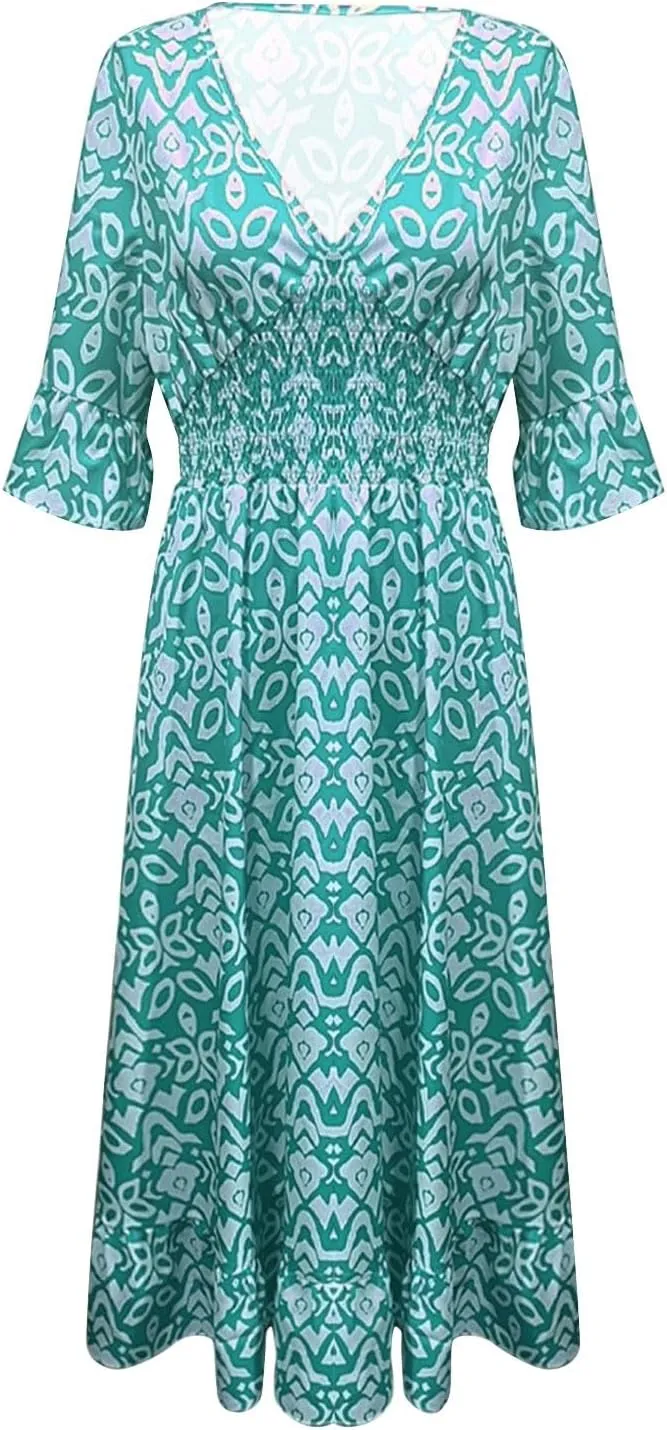 Summer Dresses for Women 2025 Women's Casual Print V-Neck Long Dress Plus Size Fashion Floral Printed Midi Boho Dress