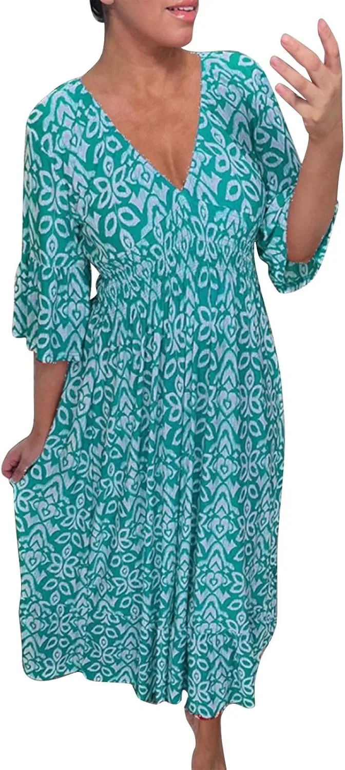 Summer Dresses for Women 2025 Women's Casual Print V-Neck Long Dress Plus Size Fashion Floral Printed Midi Boho Dress