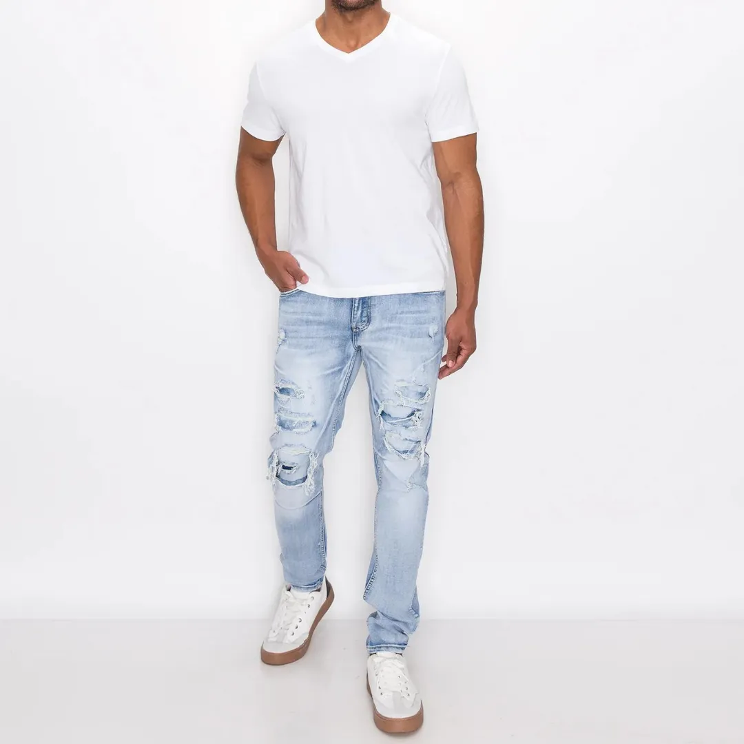 Victorious DISTRESSED RIP & REPAIR DENIM JEANS (LT. INDIGO)