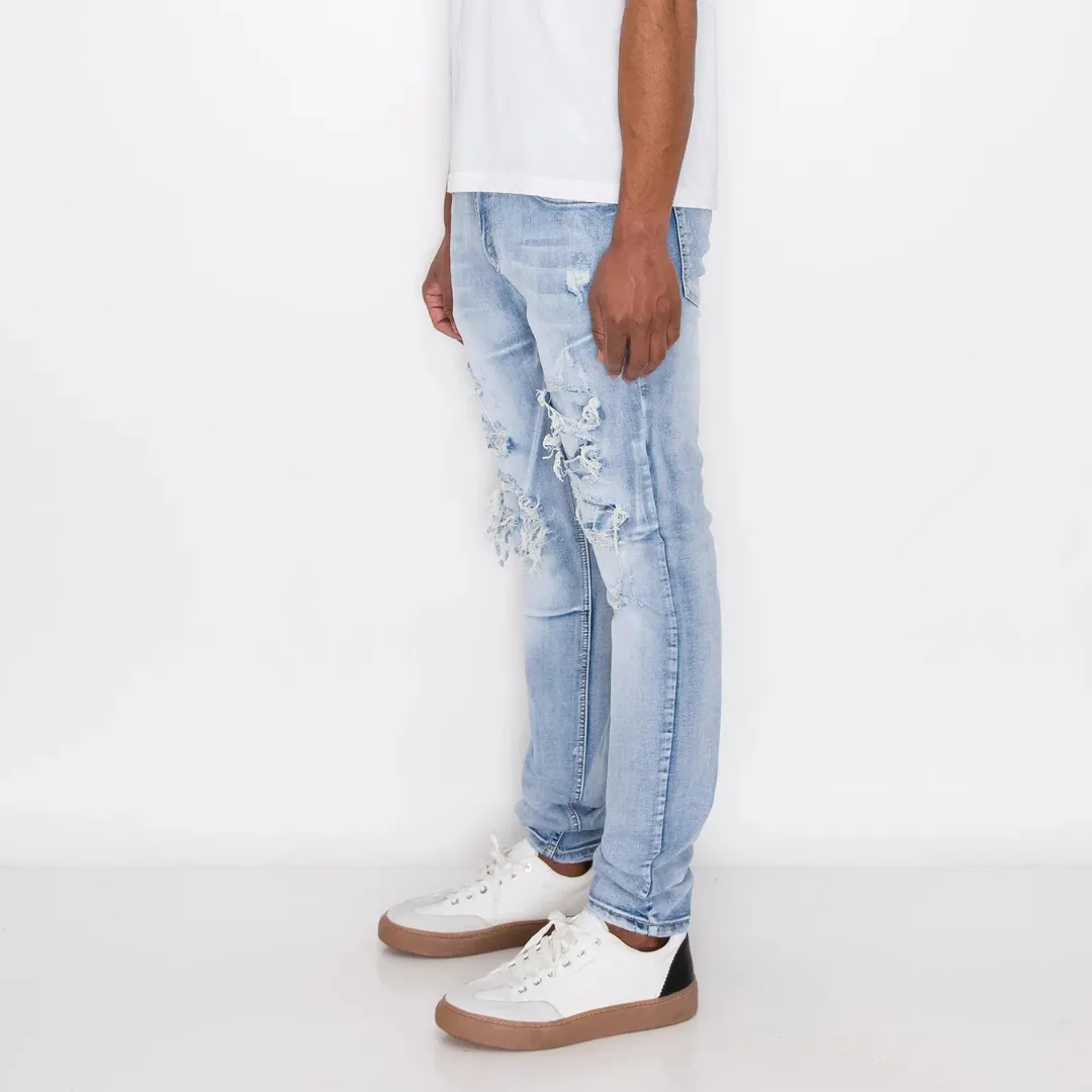 Victorious DISTRESSED RIP & REPAIR DENIM JEANS (LT. INDIGO)
