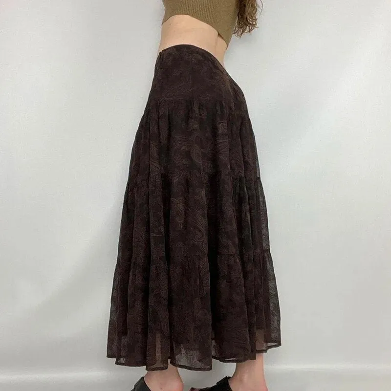 Vintage A-Line Brown Mesh Maxi Skirt