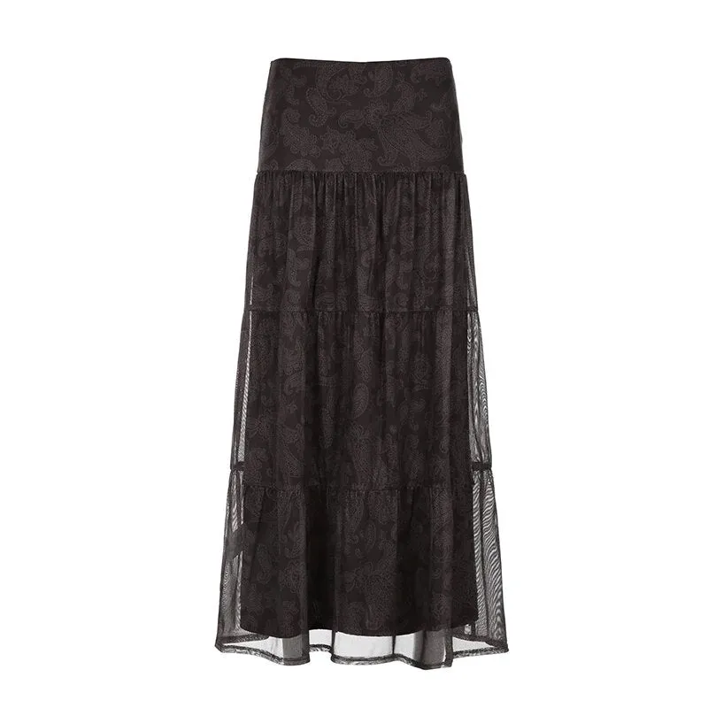 Vintage A-Line Brown Mesh Maxi Skirt