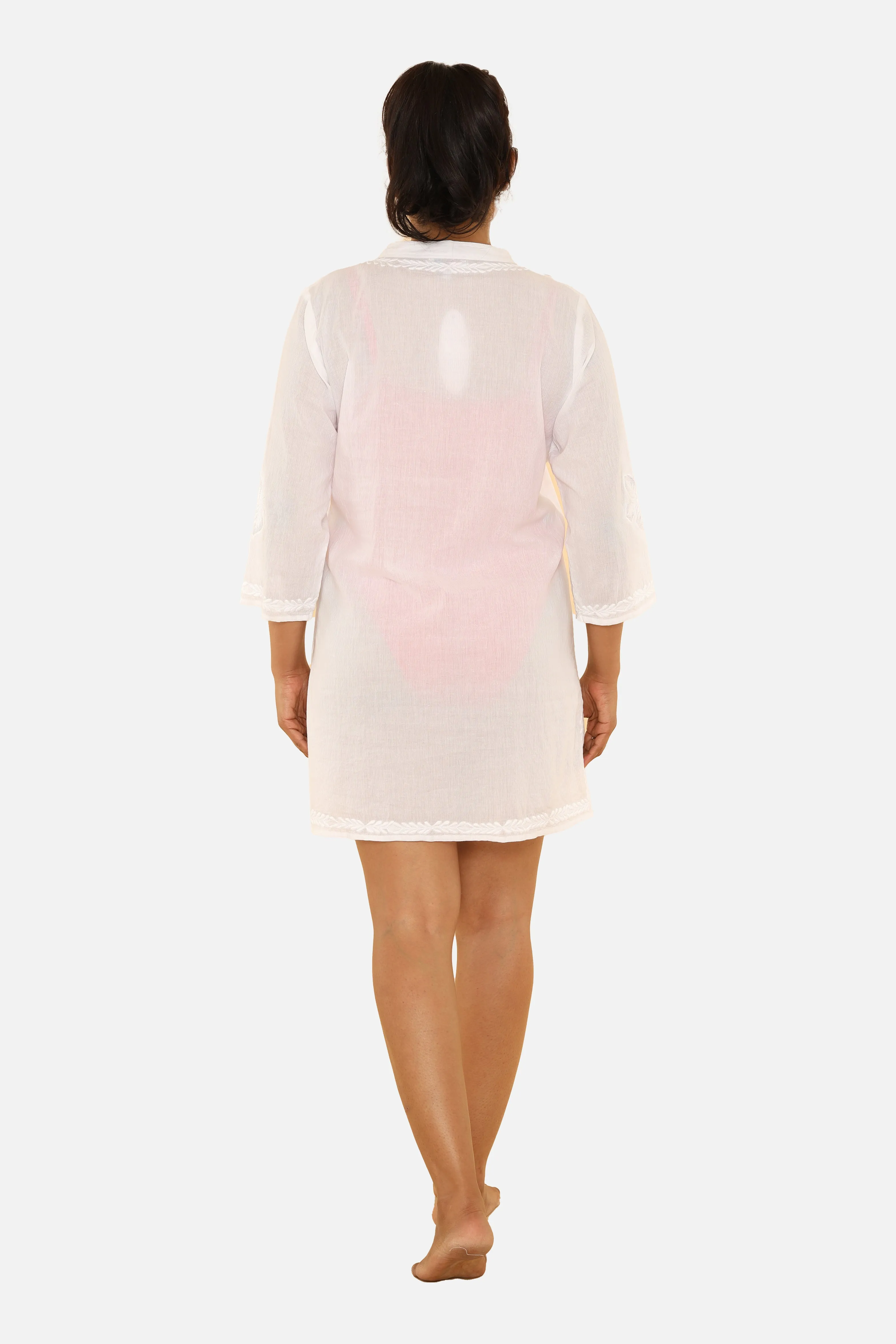 White Embroidered Three-Quarter Sleeve Tunic/Cover up