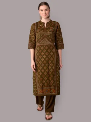 Women Olive Ornamental Printed Kurta With Comfort Pant