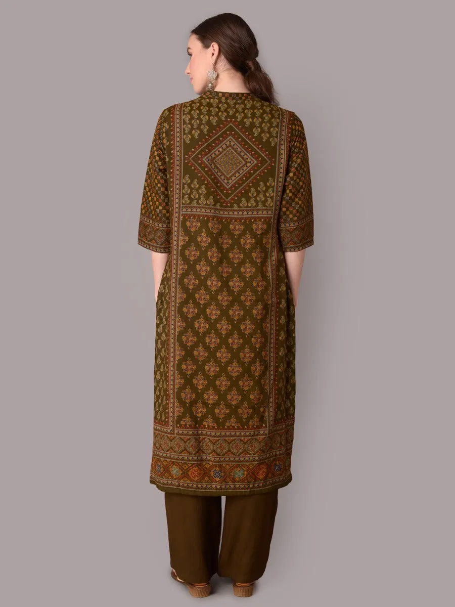 Women Olive Ornamental Printed Kurta With Comfort Pant