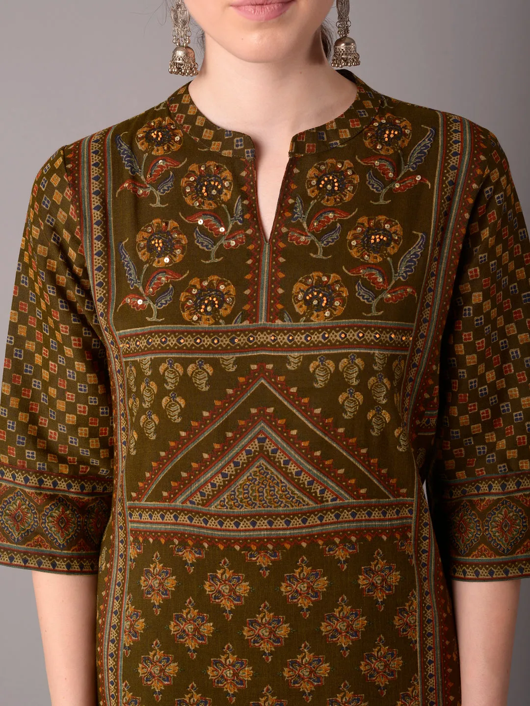 Women Olive Ornamental Printed Kurta With Comfort Pant