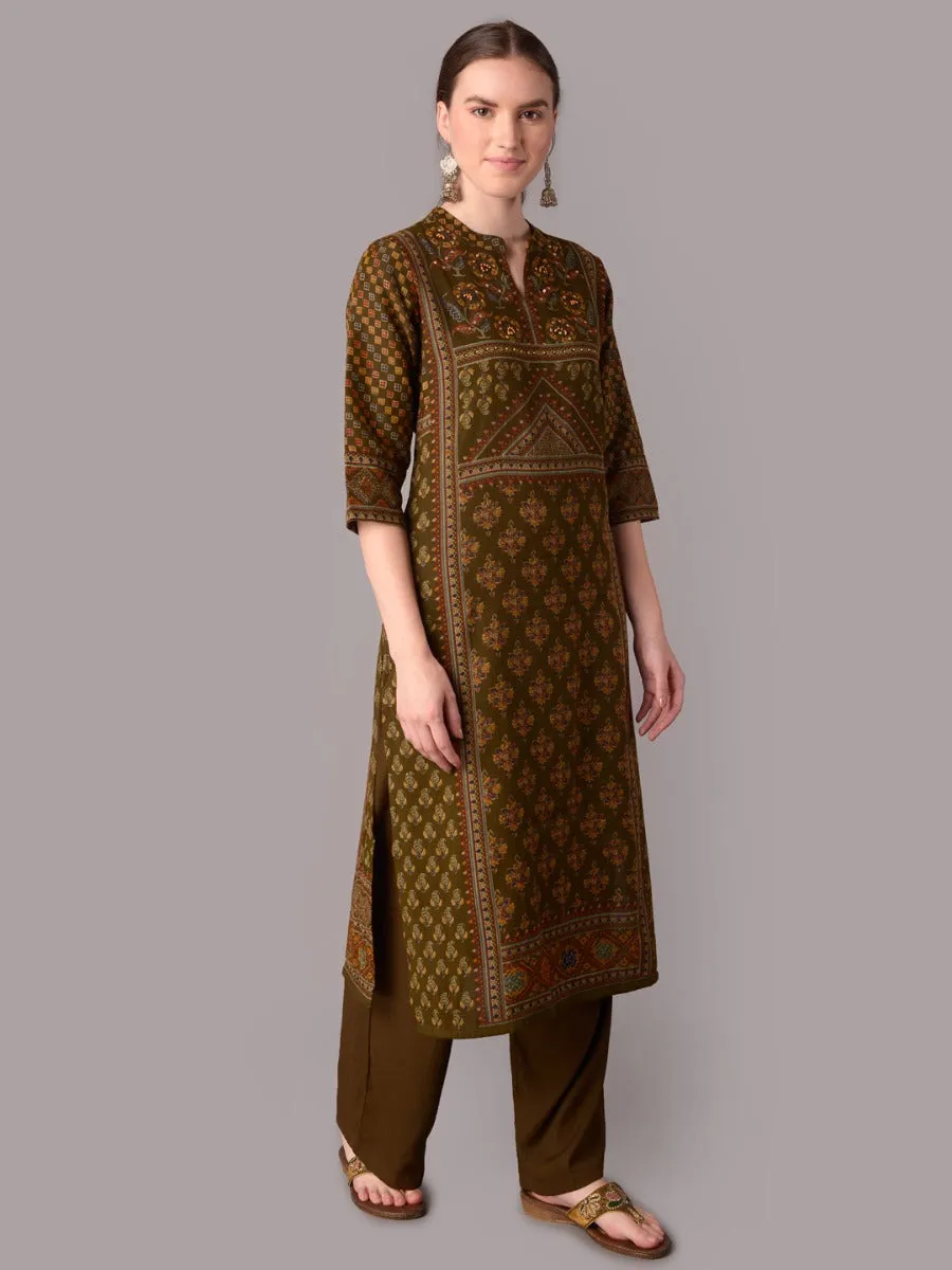 Women Olive Ornamental Printed Kurta With Comfort Pant