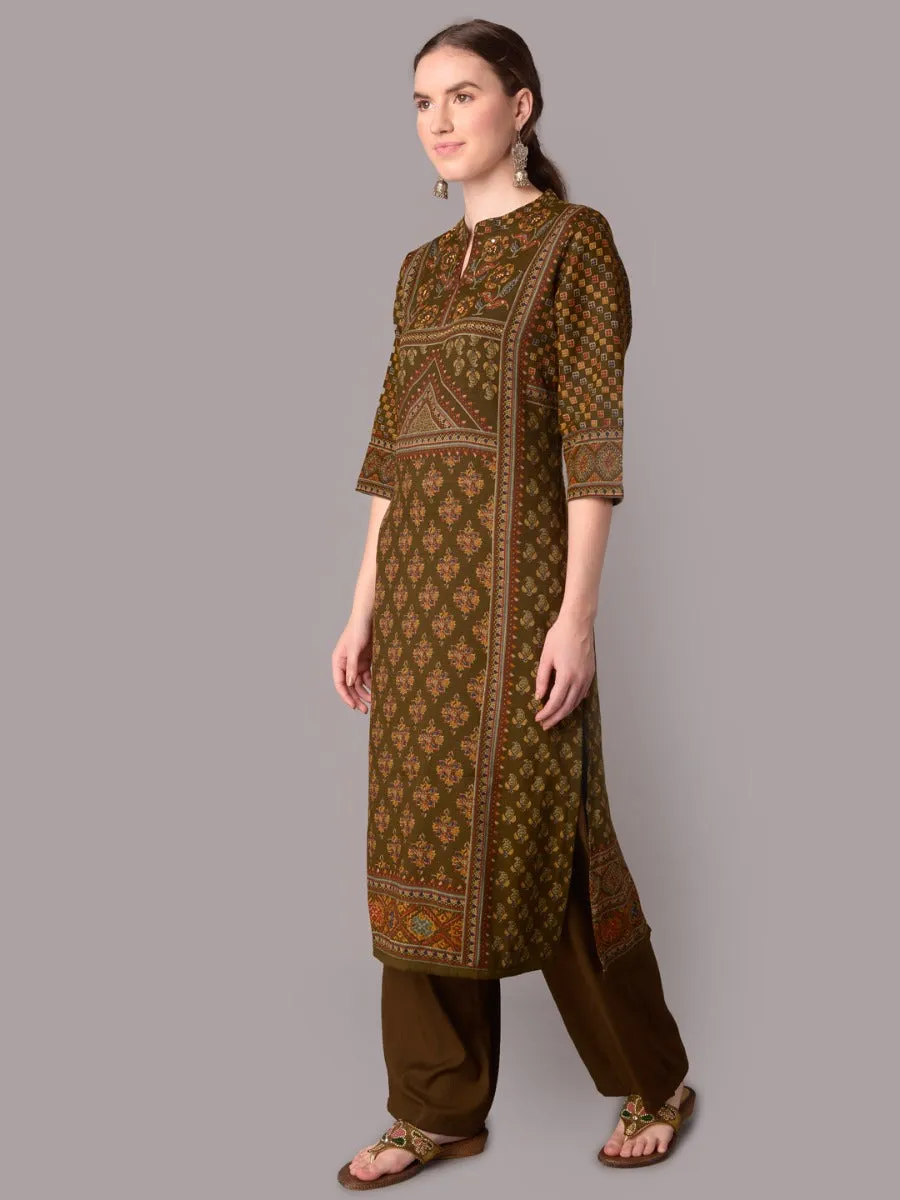 Women Olive Ornamental Printed Kurta With Comfort Pant