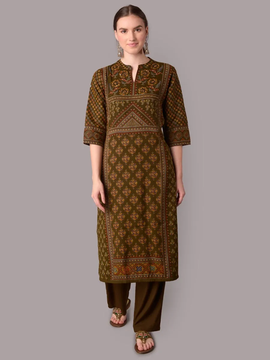 Women Olive Ornamental Printed Kurta With Comfort Pant