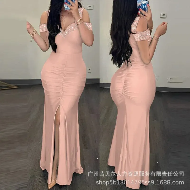 Women Summer Solid Color V-neck Waist Slit Pleated Dress