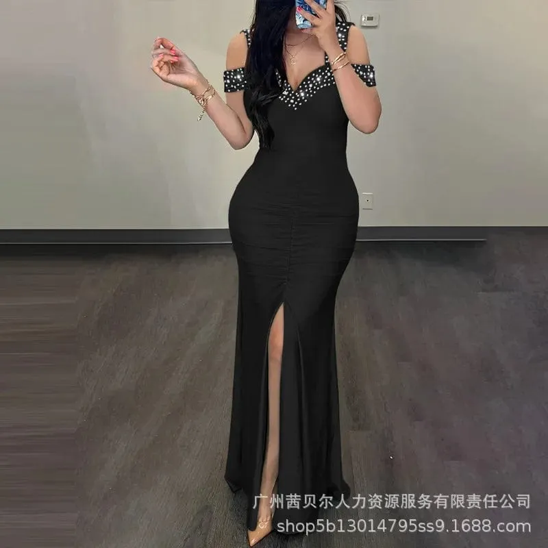 Women Summer Solid Color V-neck Waist Slit Pleated Dress