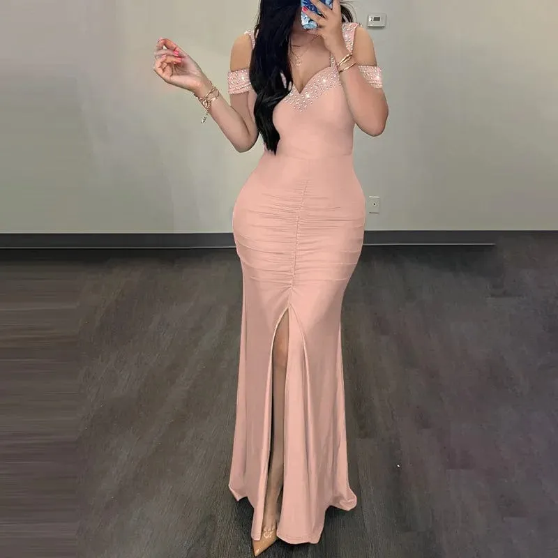 Women Summer Solid Color V-neck Waist Slit Pleated Dress
