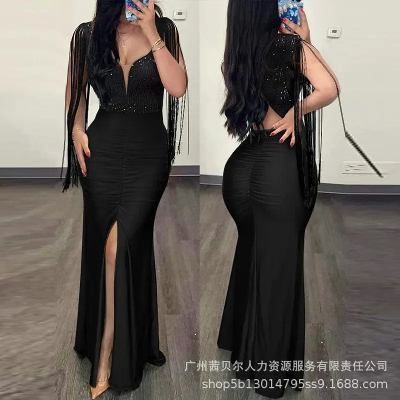 Women Summer Solid Color V-neck Waist Slit Pleated Dress