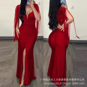 Women Summer Solid Color V-neck Waist Slit Pleated Dress