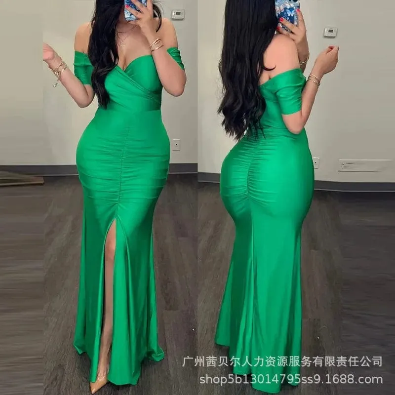 Women Summer Solid Color V-neck Waist Slit Pleated Dress